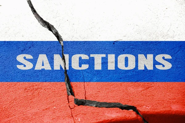 Державний Прапор Росії Зламаній Штукатурці Напис Sanctions — стокове фото