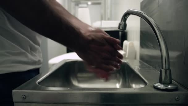 Man Washes His Hands Soap Clear Water Can See Man — Stockvideo