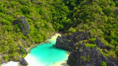 Turquoise lagoon surrounded by mountains and trees in El Nido, Philipplnes. Beautiful landscape in paradise, perfect for travel in nature under the sun - Aerial view with a drone 4K