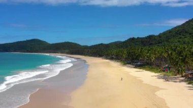 Beach with white-sand of El Nido, Philippines. We can see mountains and palm trees forest in the background, perfect for summer travel in nature - aerial view with a drone 4K