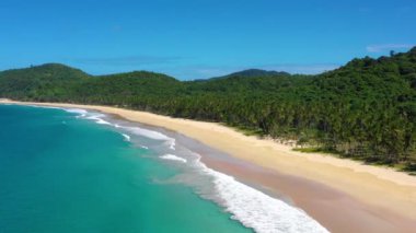 White-sand beach of El Nido, Philippines. We can see mountains and palm trees forest in the background, perfect for summer travel in nature - aerial view with a drone 4K