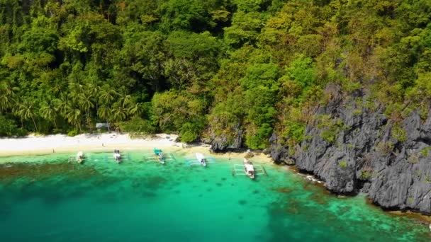 필리핀의 엘니도 해변에 보트입니다 모래와 야자나무 근처에 청록색이며 휴가에 활동에 — 비디오
