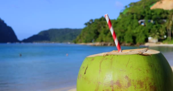 フィリピンのエルニドのビーチで赤と白のわらでココナッツドリンク 背景には山やヤシの木があり 夏の大自然の中での旅に最適です — ストック動画