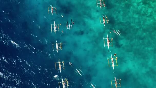 Emberek Búvárkodnak Kék Óceán Cápái Közelében Közel Vannak Hajóhoz Óceán — Stock videók