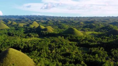 Filipinler 'deki Bohol' un Chocolate Hills üzerinde insansız hava aracı. Güzel yeşil tepeler ve ağaçlar ufukta, mavi gökyüzünün altında - 4K