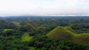 Bohol 'un çikolata tepeleri, Filipinler' de sisle kaplıdır. Ufuk boyunca uzanan güzel yeşil tepeler ve ağaçlar İHA 4K 'lı hava manzaralı.