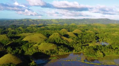 Bohol, Filipinler 'deki Chocolate Hills' teki pirinç tarlaları. Ufuk boyunca uzanan güzel yeşil tepeler ve pirinç tarlaları, mavi gökyüzünün altında. 4K dronlu hava manzaralı.