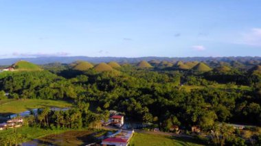 Bohol, Filipinler 'deki Chocolate Hills' deki çiftliklerin yakınındaki pirinç tarlaları. Ufuk boyunca uzanan güzel yeşil tepeler ve pirinç tarlaları, mavi gökyüzünün altında. 4K dronlu hava manzaralı.