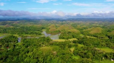 Filipinler, Bohol 'daki Chocolate Hills' te pirinç tarlaları üzerinde hava manzarası. Ufkun her tarafında güzel yeşil tepeler ve pirinç tarlaları - 4K