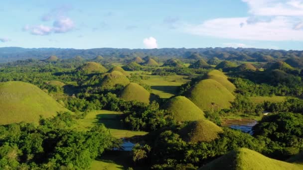 フィリピンのボホールのチョコレートヒルズ上空にドローン付きの空中ビュー 青い空の下 地平線の至る所に美しい緑の丘と木々 — ストック動画