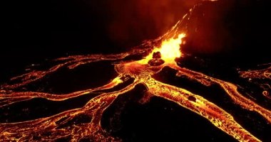 Aerial footage of an Icelandic volcano eruption in 2021. the shot shows magma fountains and streaming rivers of hot boiling red lava as dissolved gases in magma escape violently into the atmosphere.