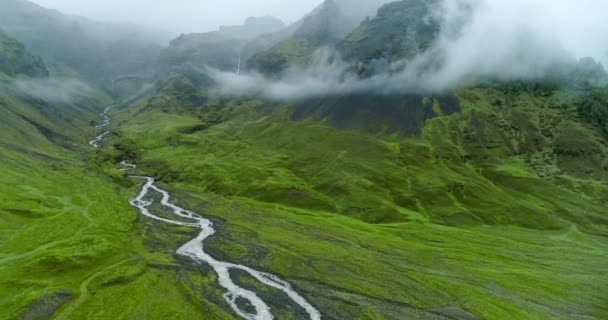Small Creeks Silver Grey Water Streaming Green Valley Chains Mountains — Vídeo de stock