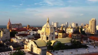 Aerial view of san pedro cathedral in cartagena during sunset.