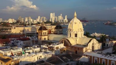 Drone shooting beautiful view of San Pedro cathedral in cartagena.