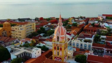 Drone flying around the tower of santa catalina cathedral.