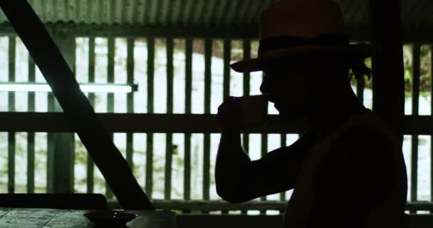 Slow Motion Shot Colombian Man Drinking Coffee White Cup — Stockvideo