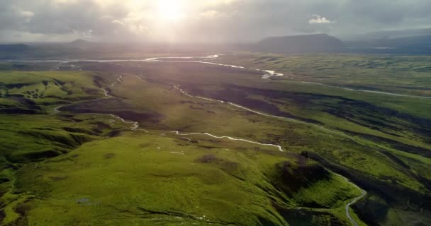 Icelandic Landscape Showing Glaring Light Sun Middle Sky Clouds Gathering — Stockvideo