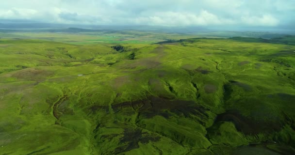 이끼로 소나기 이끼로 소나기 비행을 아이슬란드의 아름다운 을묘사 아래있는 — 비디오