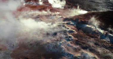 Groups of white geese cross paths on the water's surface. The geese move their wings and fly at a very low altitude as others stay on beach land. The beach is very large and has black volcanic rocky earth. white clouds reaching the horizon.