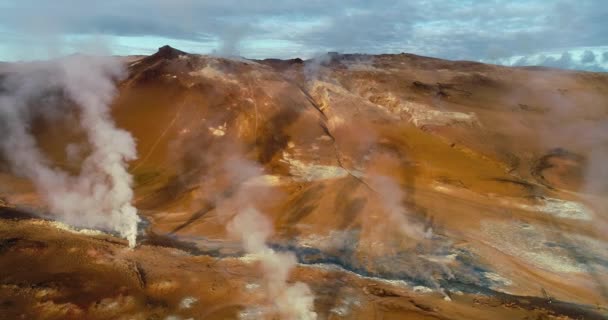 Geothermal Holes Spreading Sulfuric Smoke Air Drone Wide Angle Shot — Stock Video