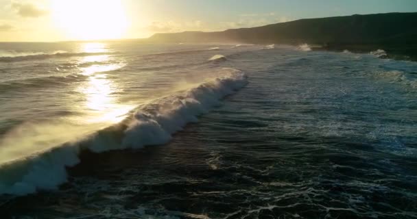 海岸に到着した高波の夕日の景色と大量の海泡を作り出し 泡は水が青よりも白く見えるようにします 太陽は地平線に沈み 澄んだ空にオレンジ色の効果を残しています — ストック動画