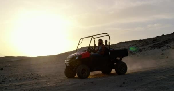 Tracking Shot Buggy Car Moving African Desert Tracking Shot Showing — Vídeos de Stock