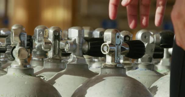 Scuba Dcloseup Shot Grey Scuba Diving Cylinders Tanks Lined Room — Stock Video