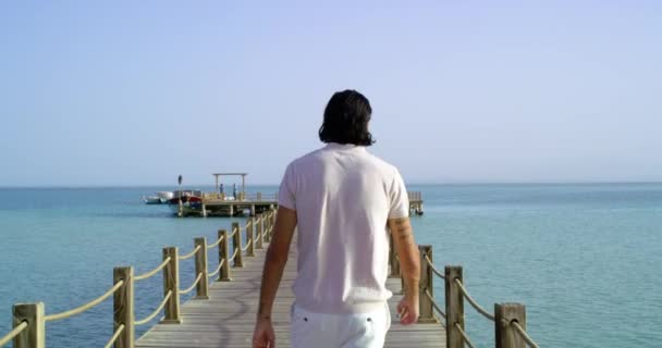 Güvertede Yürüyen Bir Adamın Yakın Çekim Görüntüsü Denizin Ortasındaki Tahta — Stok video