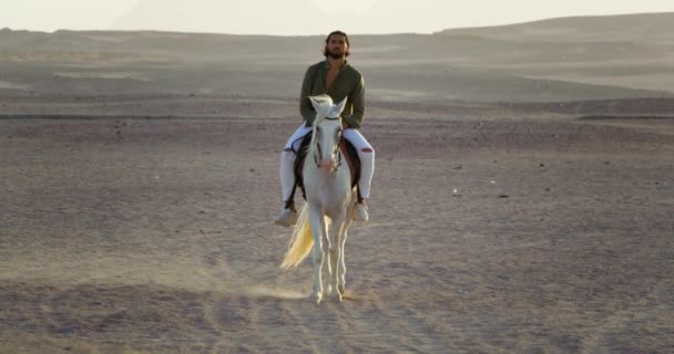 Homme Monte Sur Dos Son Cheval Blanc Dans Désert Chaud — Video