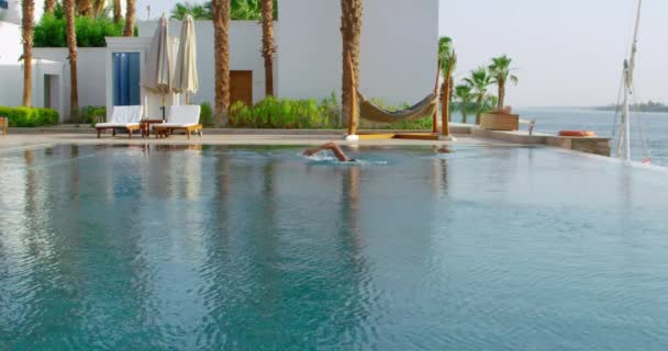 Adam Deniz Kıyısında Bir Havuzda Yüzüyor Arkasında Palmiye Ağaçları Olan — Stok video