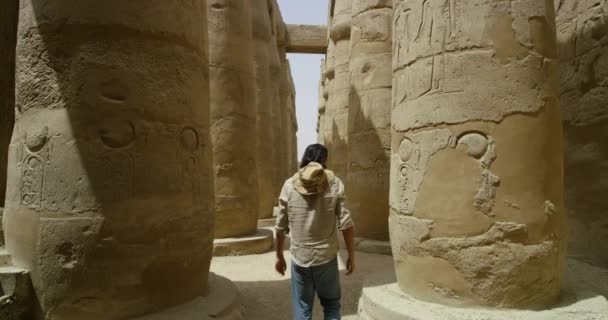 Hombre Vagando Dentro Antiguo Templo Turista Caminando Entre Viejas Columnas — Vídeos de Stock