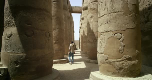 一个游客走在古老的柱子之间一个人在一座古寺里徘徊 这座庙宇的这一部分由几根圆圆的高柱组成 这个人被雕刻的石头迷住了 地面上布满了小的沙漠岩石 — 图库视频影像