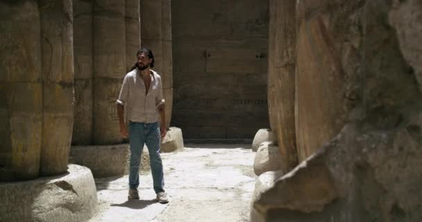 Cour Archéologique Pleine Colonnes Pierre Symétriques Sur Site Égyptien Antique — Video