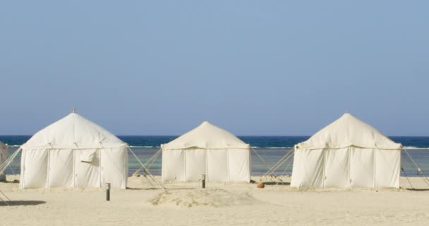 赤い海のビーチに強いロープで固定された3つの白い中規模のテントの着実なショットは ショットは晴れた日に撮影されたので テント側に小さな影を残し テントの生地はゆっくりと風と移動します — ストック動画