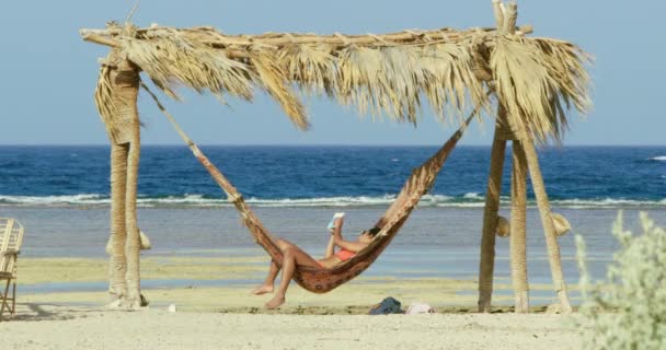 ビキニを着た女性がビーチで本を読んでいると 女性はぎゅうぎゅう詰めのヤシの枝の影 側面の古い木製の椅子 背景の濃い青い海の波に設置されたハンモックに横たわっています — ストック動画