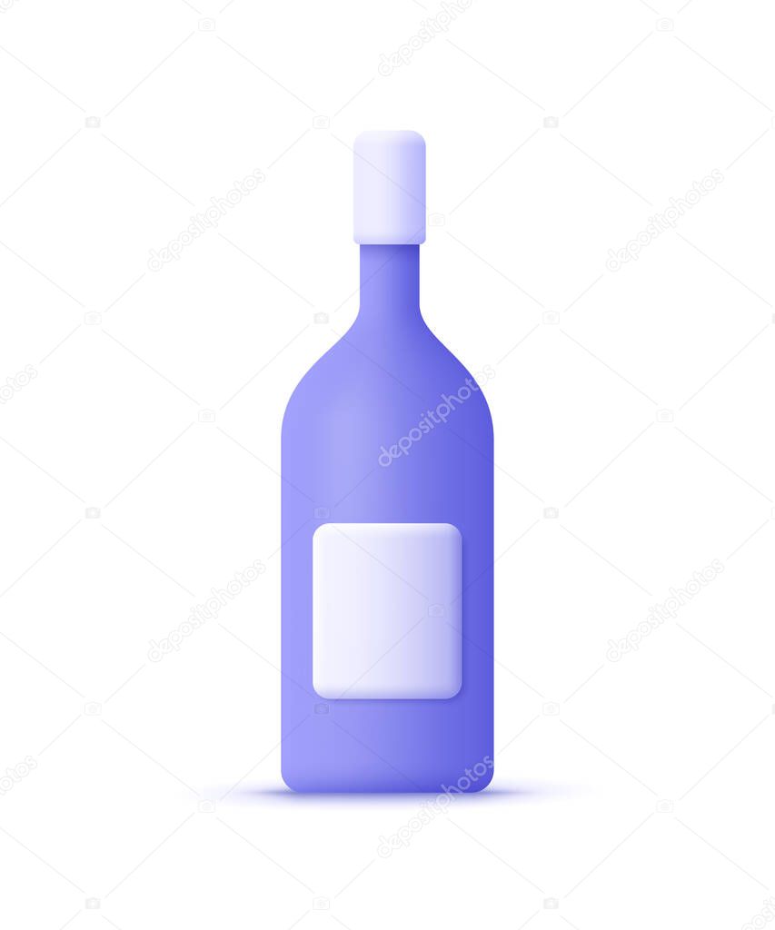 Wine bottle mockup with label. 3d vector icon. Cartoon minimal style.