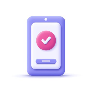 Hesap işaretiyle akıllı telefon. 3d vektör simgesi. Çizgi film biçimi.