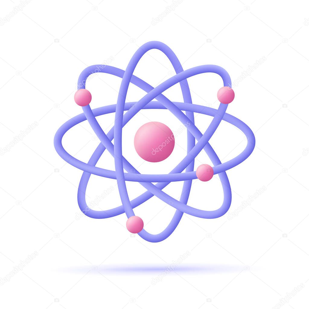 Atom, orbital electrons. Nuclear energy, scientific research, molecular chemistry, physics science concept. 3d vector icon. Cartoon minimal style.