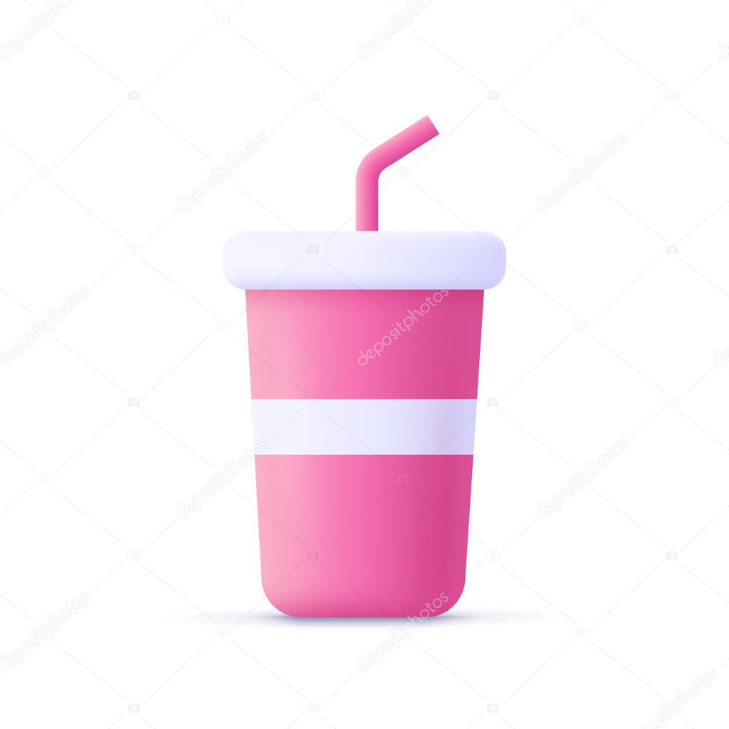 Paper, plastic beverage cup with tube for soda, juice, coffee, tea. Fast food. 3d vector icon. Cartoon minimal style.