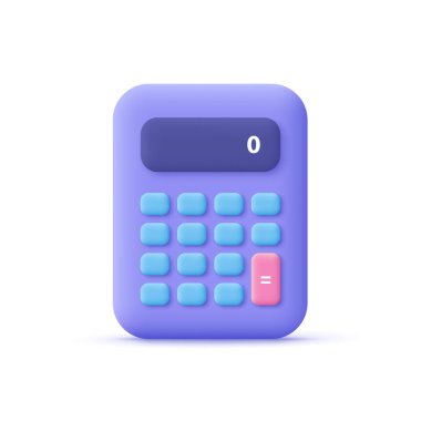 Hesap makinesi, matematik cihazı. Finansal analitik, muhasebe, bütçe, banka, kredi hesapları konsepti. 3d vektör simgesi. Çizgi film biçimi.