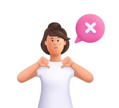 Genç, gülümseyen kadın Jane baş parmağıyla işaret ediyor. Sözsüz iletişim, hoşlanmama, anlaşmazlık, iğrenme ve olumsuz ifadeler. 3d vektör insan karakteri illüstrasyonu. Çizgi film asgari biçimi.
