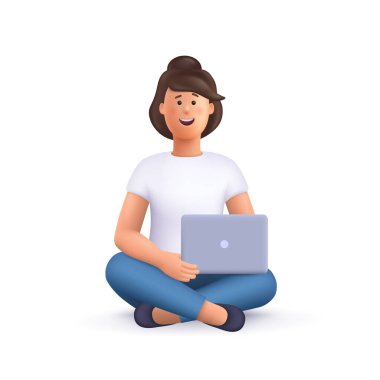 Genç gülümseyen Jane bacak bacak üstüne atmış, elinde dizüstü bilgisayarla oturuyor. Serbest çalışmak, okumak, online eğitim, evde çalışmak, iş kavramı. 3d vektör insan karakter çizimi. Çizgi film biçimi.