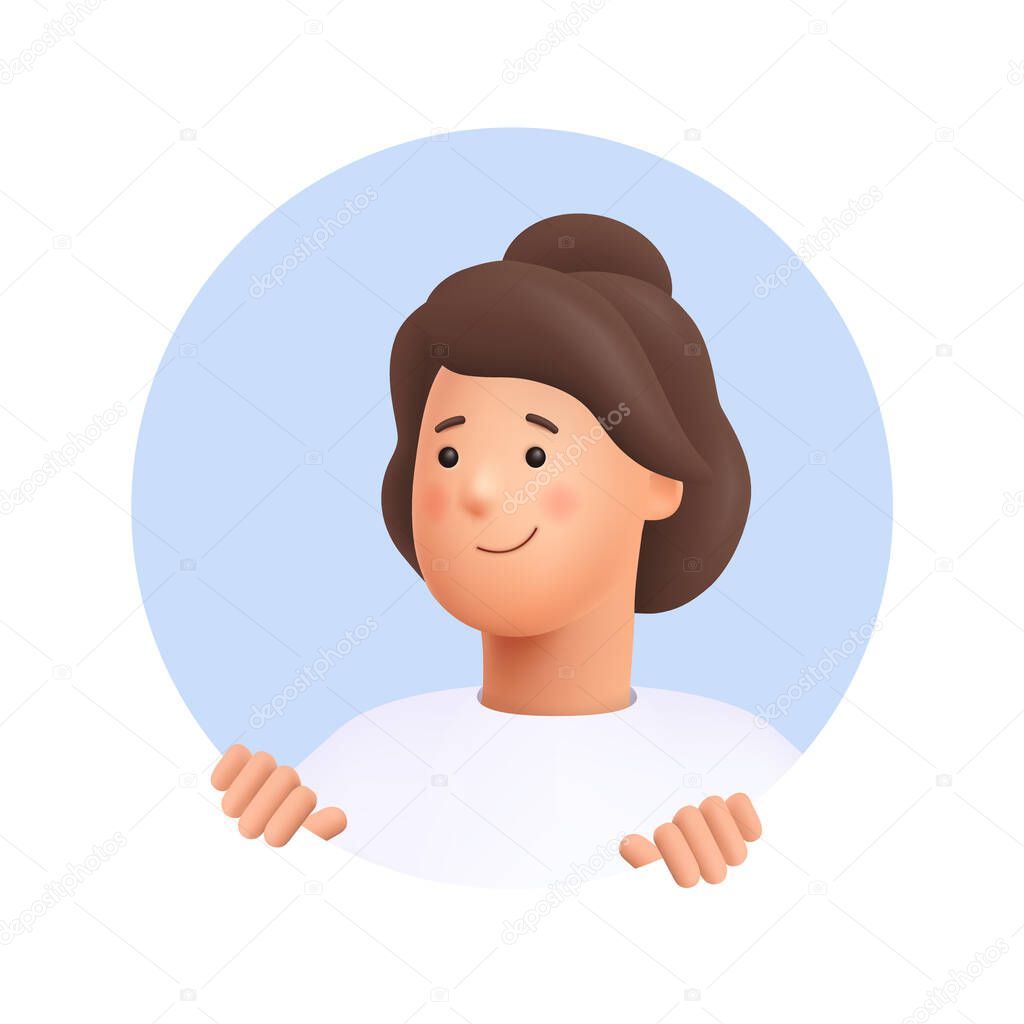 Young smiling woman Jane peeking out and looking from behind round hole. Searching concept. 3d vector people character illustration.Cartoon minimal style.