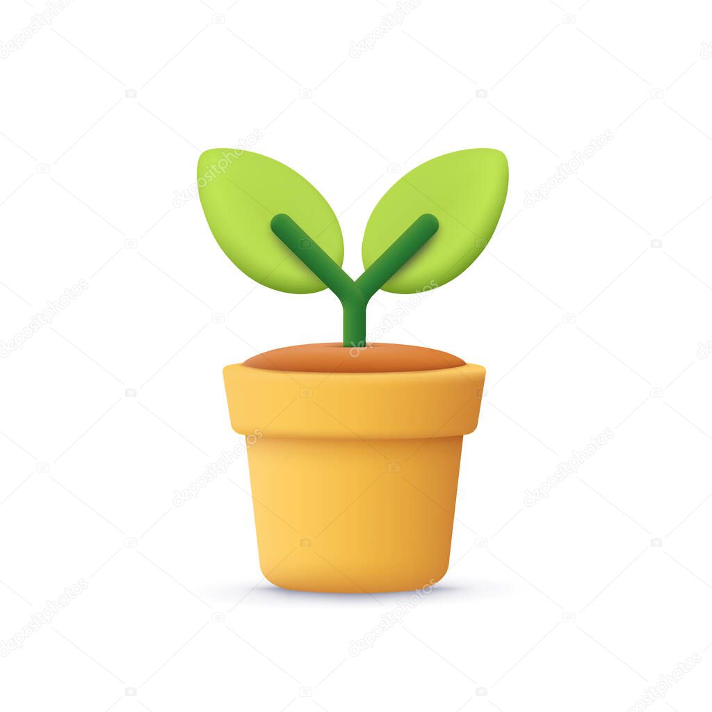 Flower, plant with leaves in pot. Gardening concept. 3d vector icon. Cartoon minimal style.