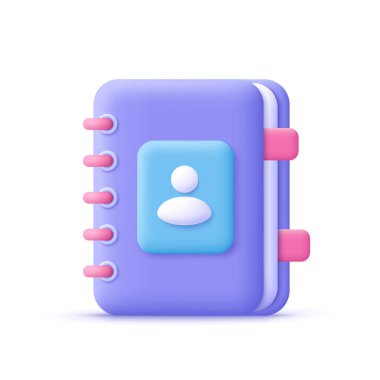 Telefon rehberi, iletişim defteri ya da defter. İletişim bilgileri, iş ortakları, dijital iletişim konsepti. 3d vektör simgesi. Çizgi film biçimi.