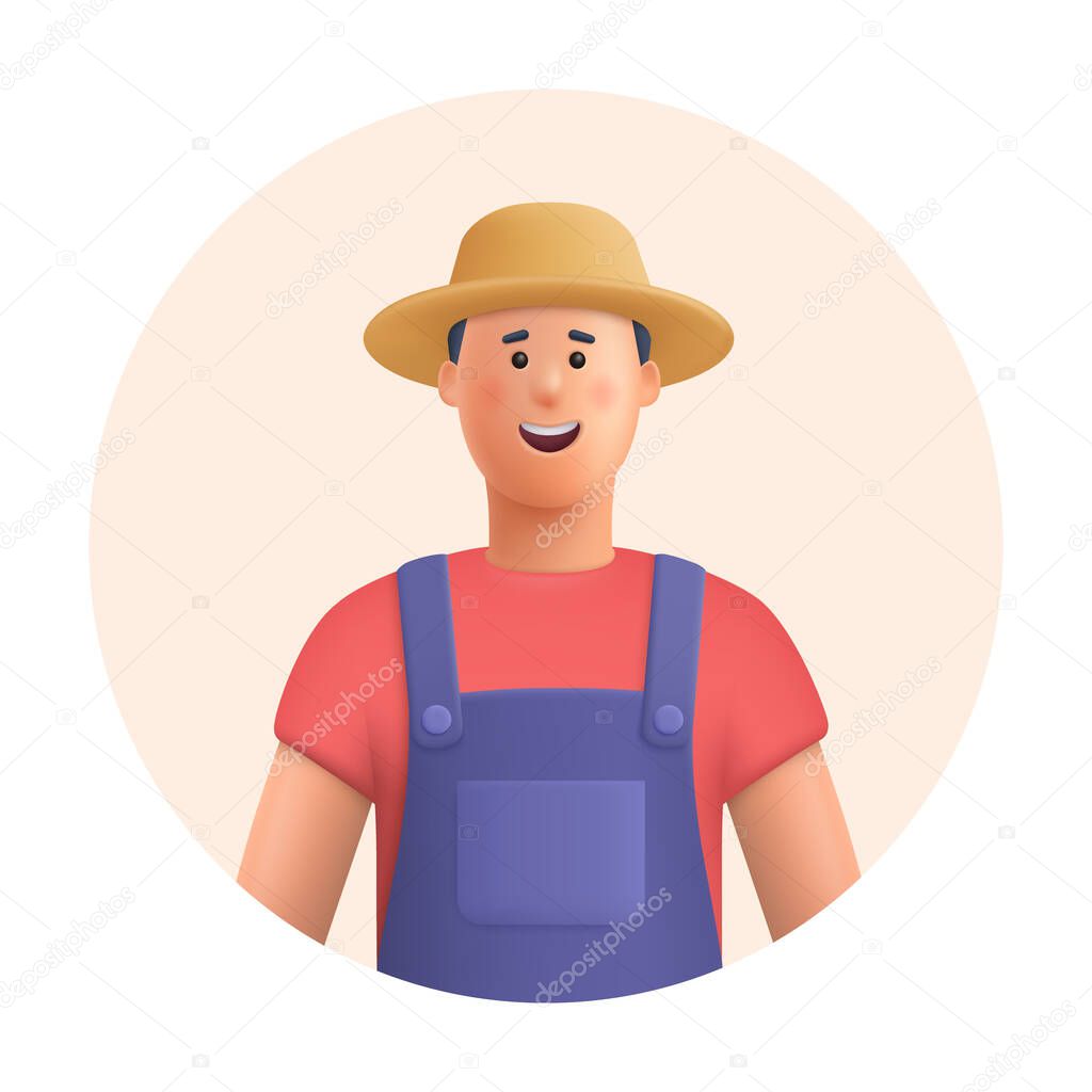 Young smiling man farmer. Agricultural worker. Gardening, farming, professional occupation concept. 3d vector people character illustration.Cartoon minimal style.