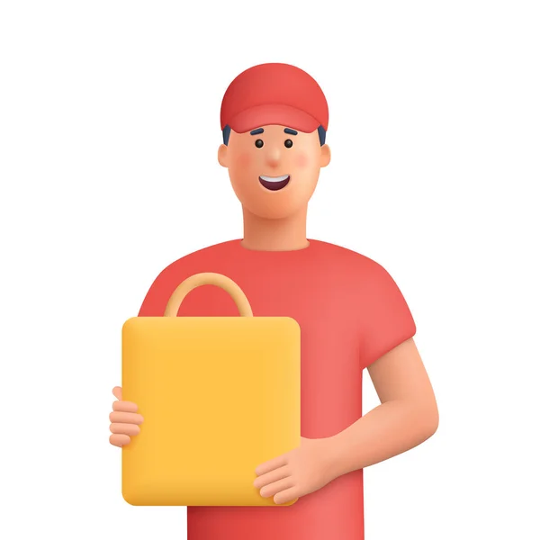 Delivery Courier Man Red Uniform Shopping Bag Safe Delivery Goods — Stock Vector
