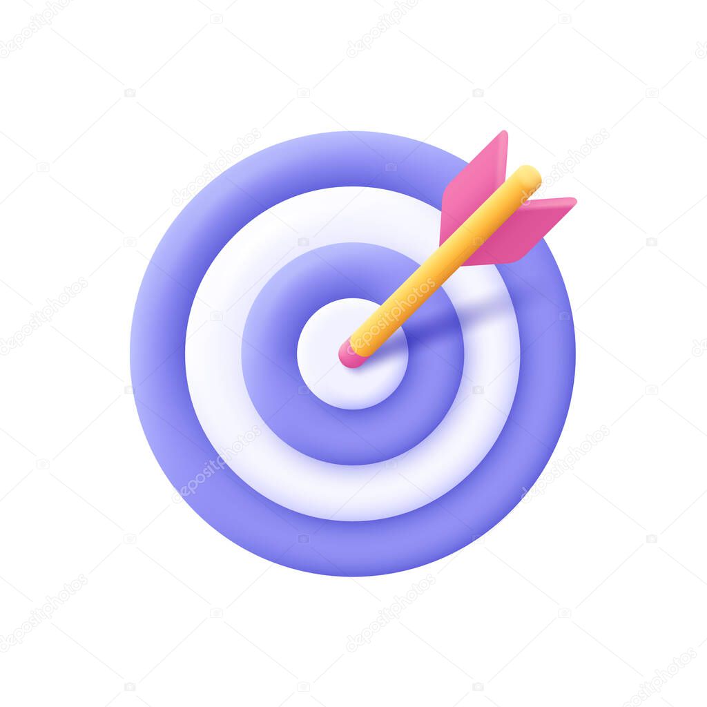 Dart arrow hit the center of target. Business finance target, goal of success, target achievement concept. 3d vector icon. Cartoon minimal style.