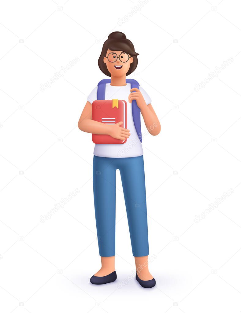 Young smiling college or university student with backpack holding book. Study, education, back to school, knowledge concept. 3d vector people character illustration.Cartoon minimal style.