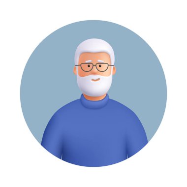Kıdemli Avatar. Sakallı, gri saçlı, gülümseyen yaşlı bir adam. 3d vektör insan karakter çizimi. Çizgi film biçimi.